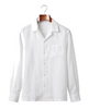 White linen camp-collar shirt, front view on hanger