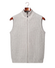 The Hartley sleeveless zip gilet, front view on a mahogany hanger