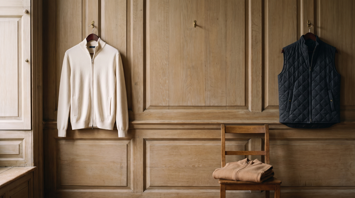 A cashmere cardigan and a quilted gilet hanging on wall pegs