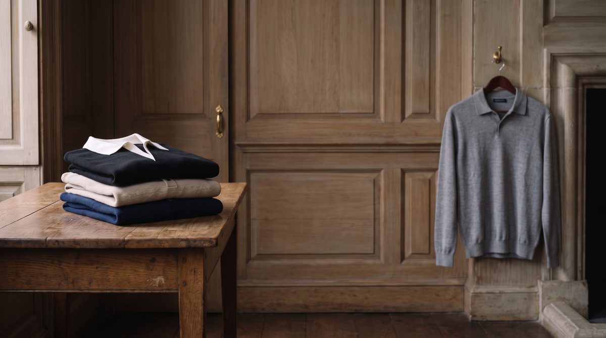 Folded knit polos on an oak table in a panelled room