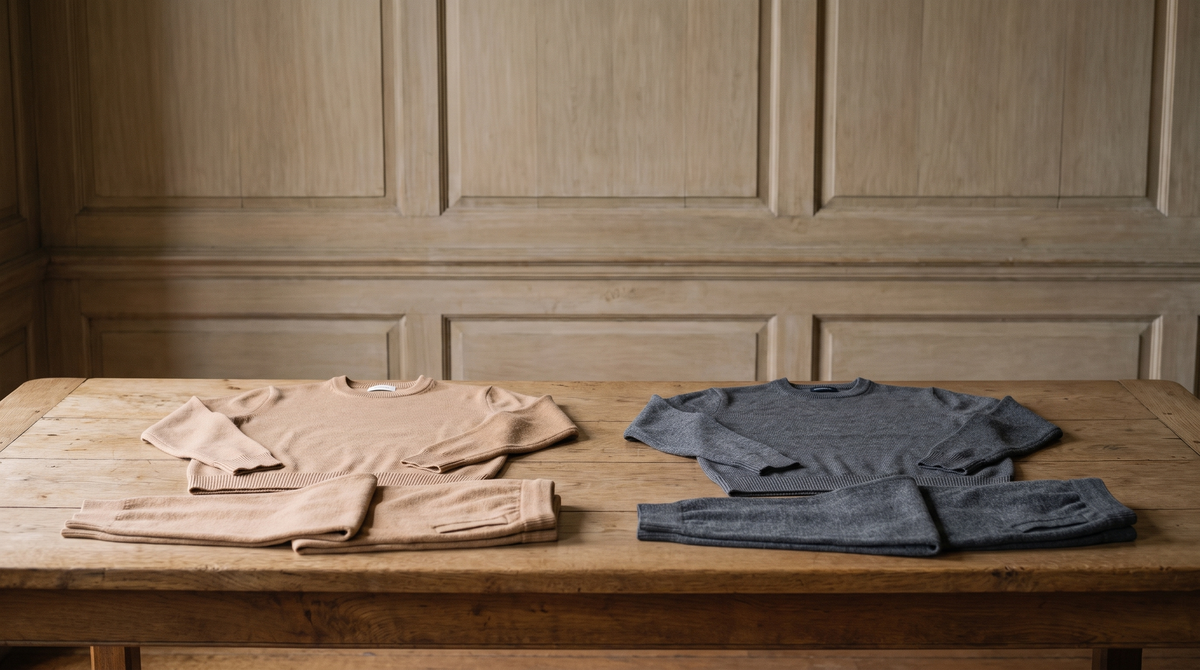 Two matching merino two-piece sets laid out on an oak table