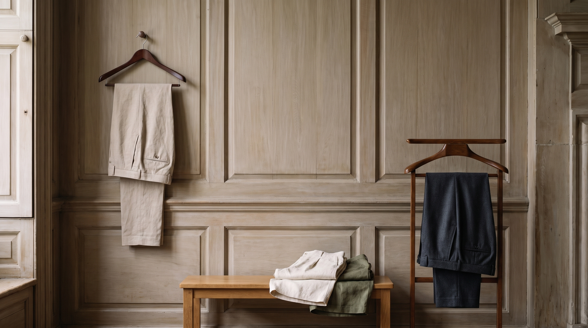 Linen trousers on a hanger and wool trousers on a valet stand