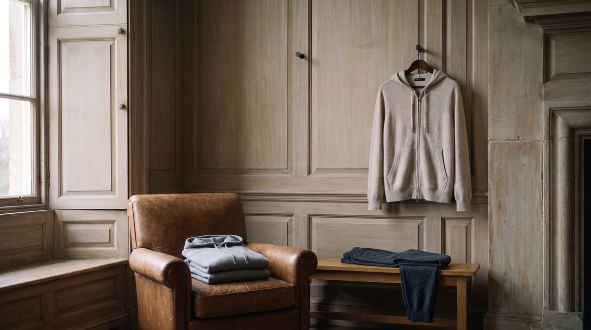 Merino loungewear folded and hung in a panelled room