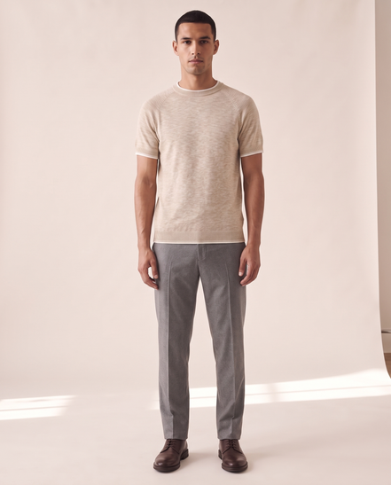 Model wearing The Clifton linen contrast tee, front view