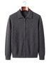 Grey cashmere full-zip cardigan with fold-down pointed collar, front view on hanger