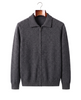 Grey cashmere full-zip cardigan with fold-down pointed collar, front view on hanger