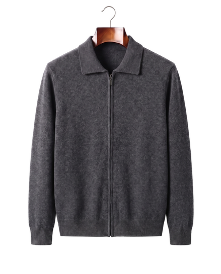 Grey cashmere full-zip cardigan with fold-down pointed collar, front view on hanger