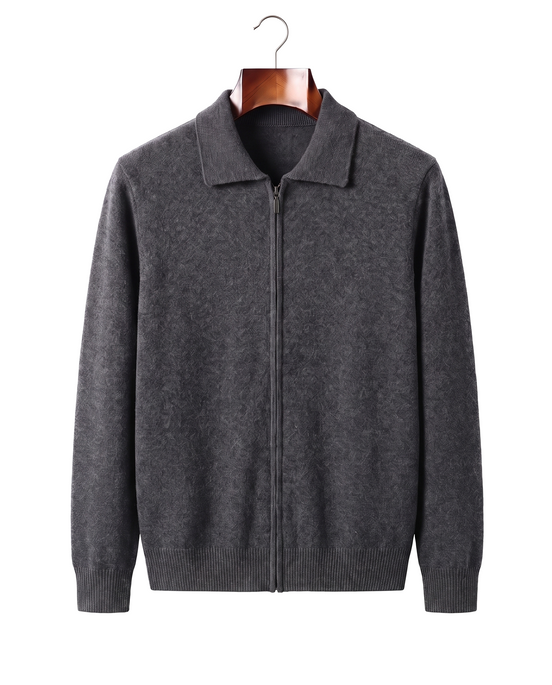 Grey cashmere full-zip cardigan with fold-down pointed collar, front view on hanger