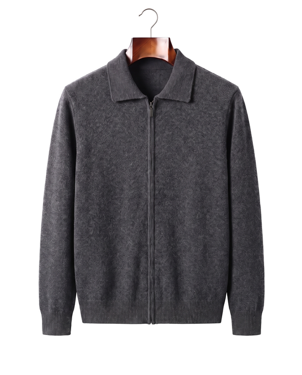 Grey cashmere full-zip cardigan with fold-down pointed collar, front view on hanger