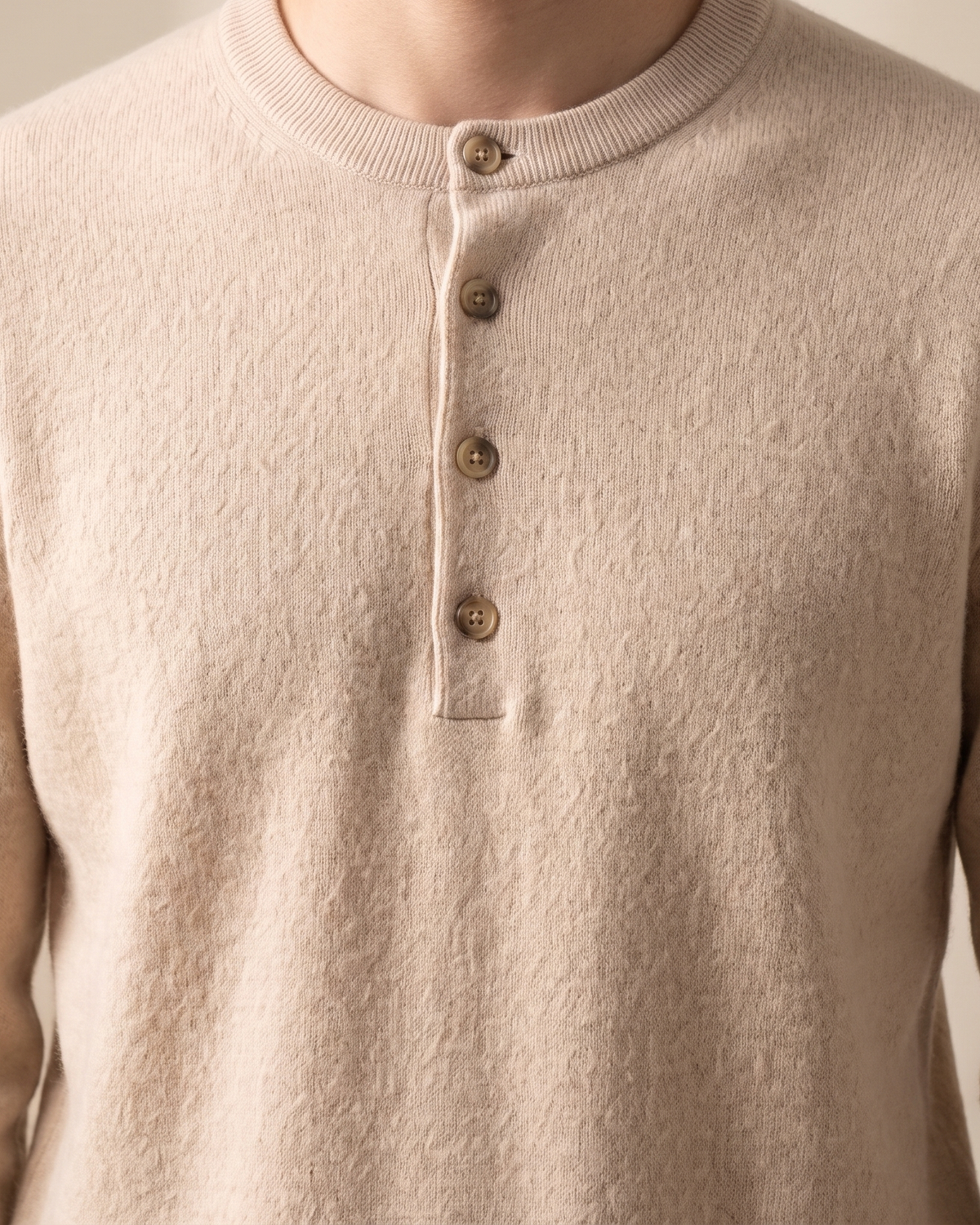 Close-up of the henley placket buttons on The Cheltenham