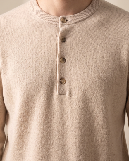 Close-up of the henley placket buttons on The Cheltenham