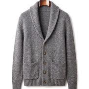 The Thornbury cashmere shawl-collar cardigan, front on hanger