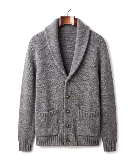 The Thornbury cashmere shawl-collar cardigan, front on hanger