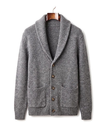 The Thornbury cashmere shawl-collar cardigan, front on hanger