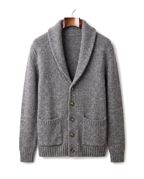 The Thornbury cashmere shawl-collar cardigan, front on hanger