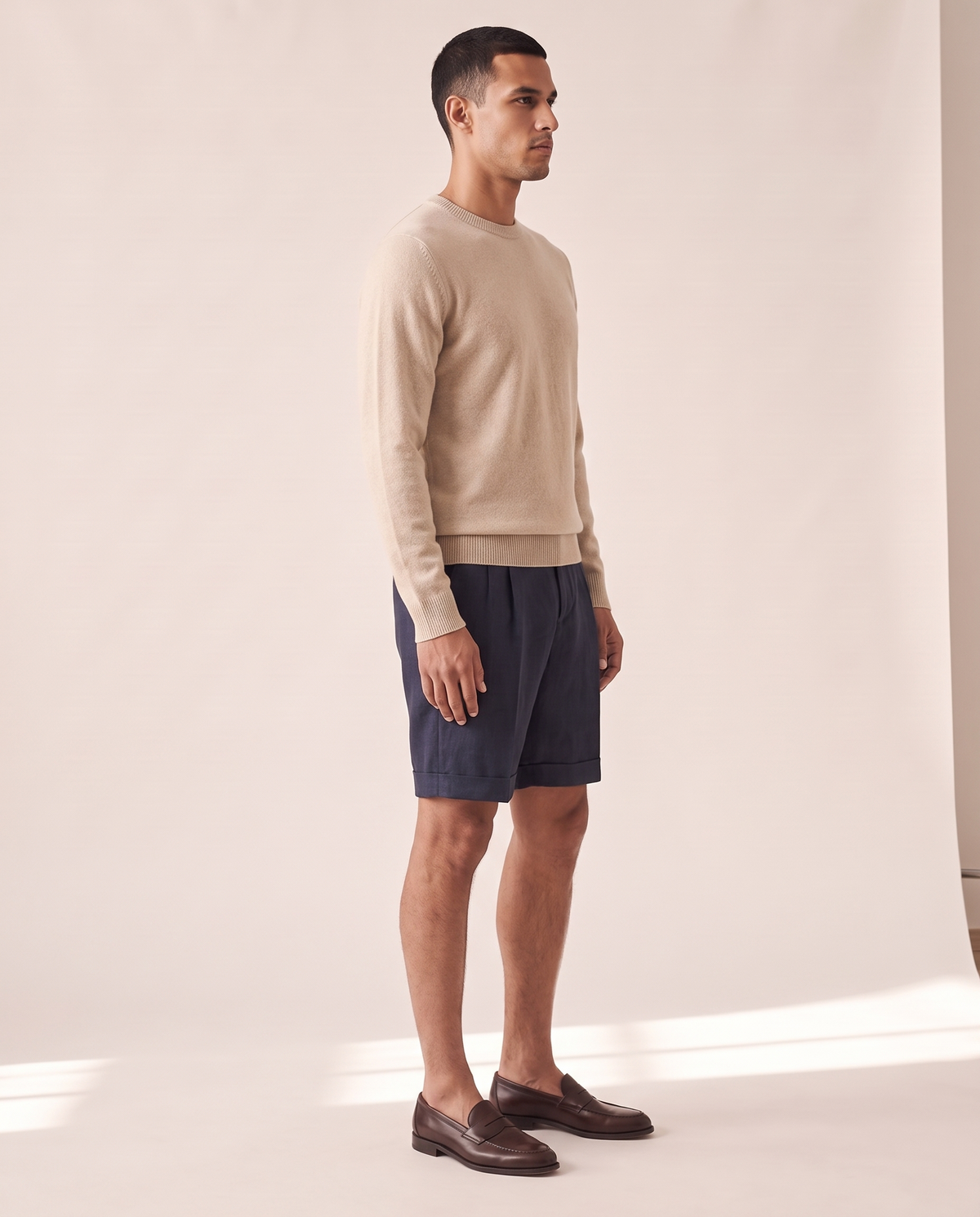 The Tenby pleated linen shorts shown in side profile