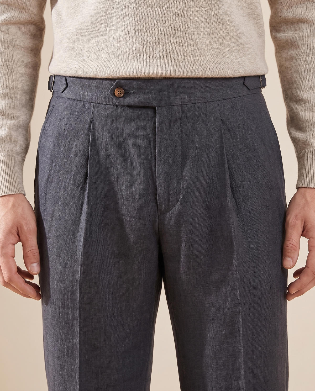 Close-up of the waistband and pleats on The Pembroke