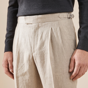 Close-up of the waistband and pleats on The Somerset