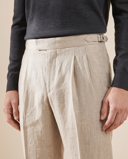 Close-up of the waistband and pleats on The Somerset