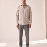 Model wearing The Salcombe linen shirt, front view