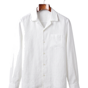 White linen camp-collar shirt, front view on hanger
