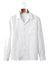 White linen camp-collar shirt, front view on hanger