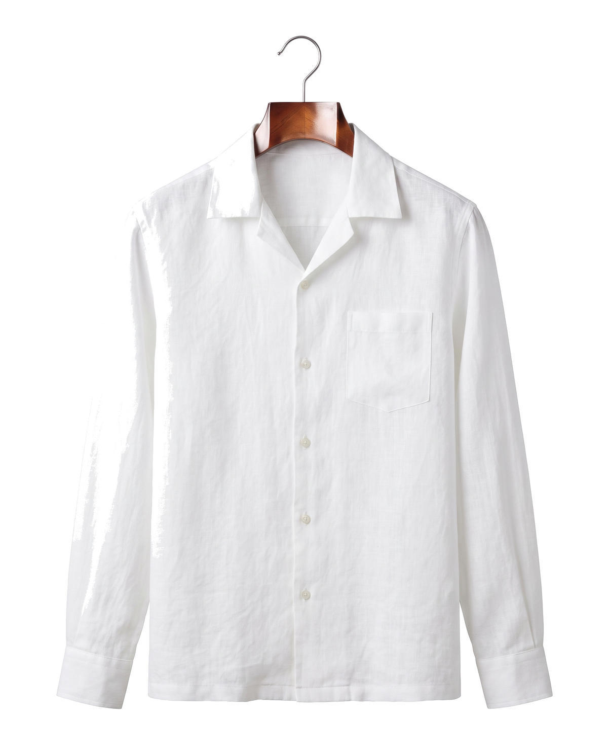 White linen camp-collar shirt, front view on hanger