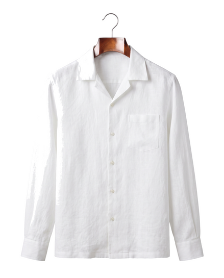 White linen camp-collar shirt, front view on hanger