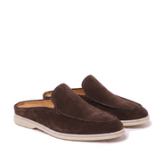 Pair of dark coffee brown suede mules, three-quarter front view