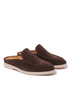 Pair of dark coffee brown suede mules, three-quarter front view