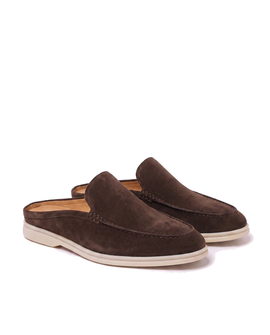Pair of dark coffee brown suede mules, three-quarter front view