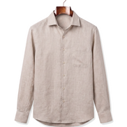 The Salcombe Linen Shirt — Sand, front on hanger
