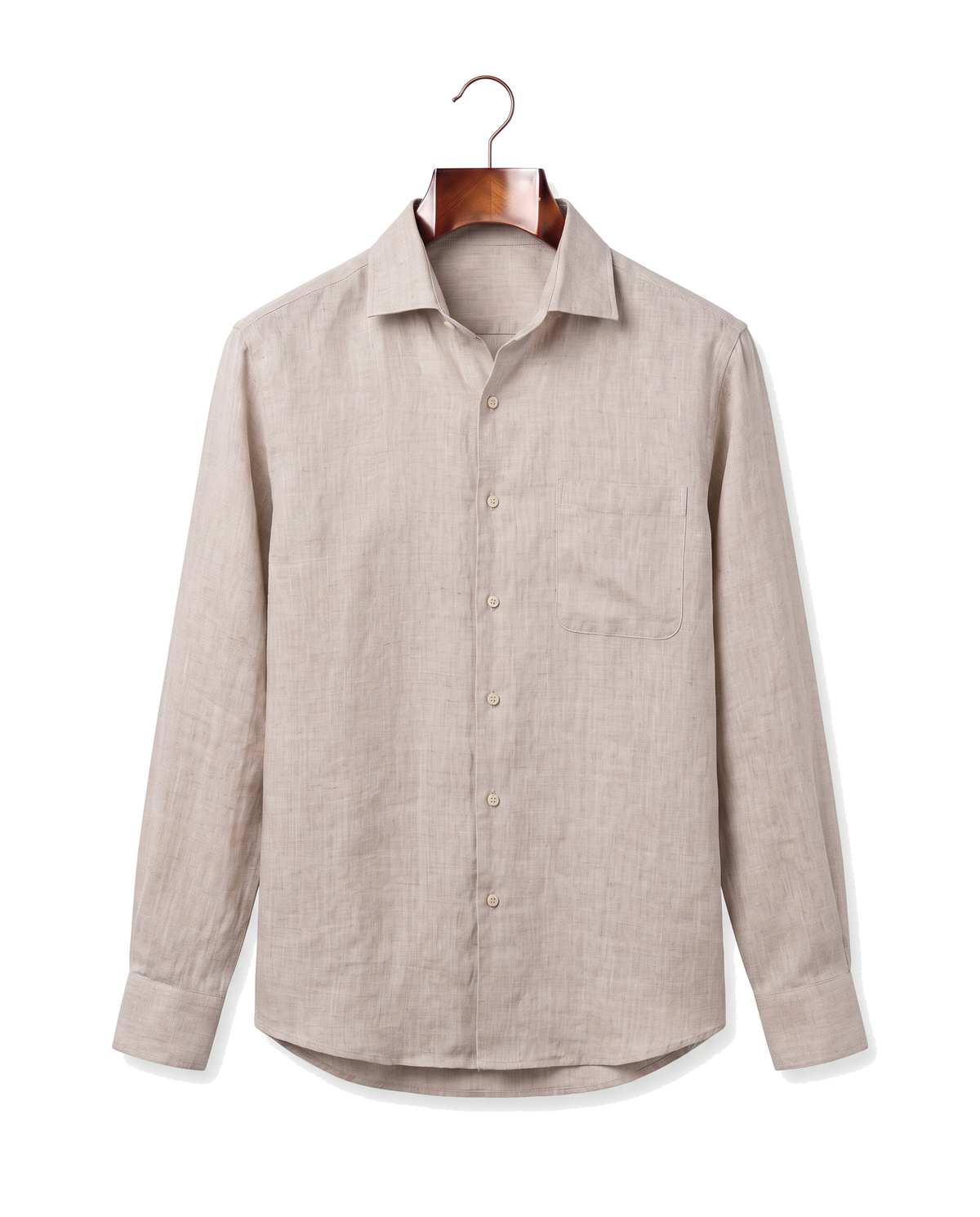 The Salcombe Linen Shirt — Sand, front on hanger