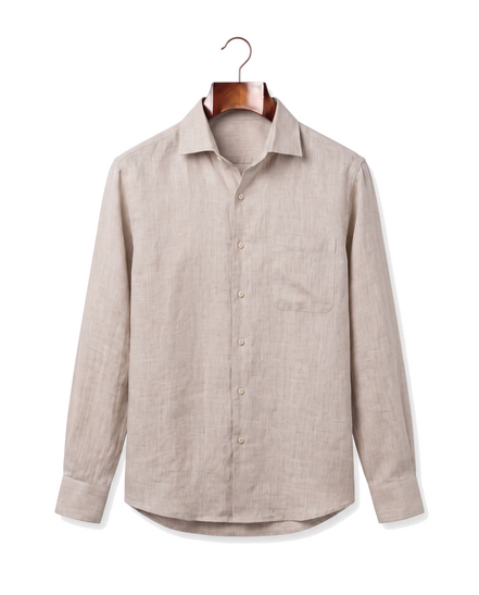 The Salcombe Linen Shirt — Sand, front on hanger