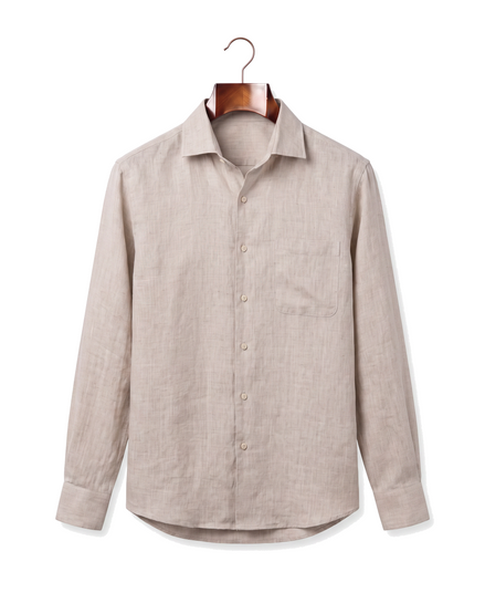 The Salcombe Linen Shirt — Sand, front on hanger