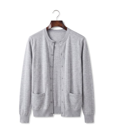 The Wendover merino button cardigan, front on hanger
