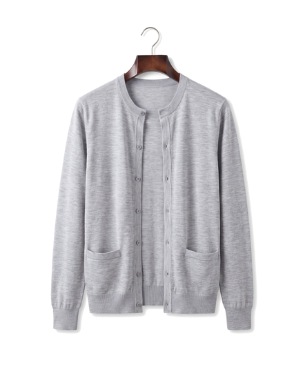 The Wendover merino button cardigan, front on hanger