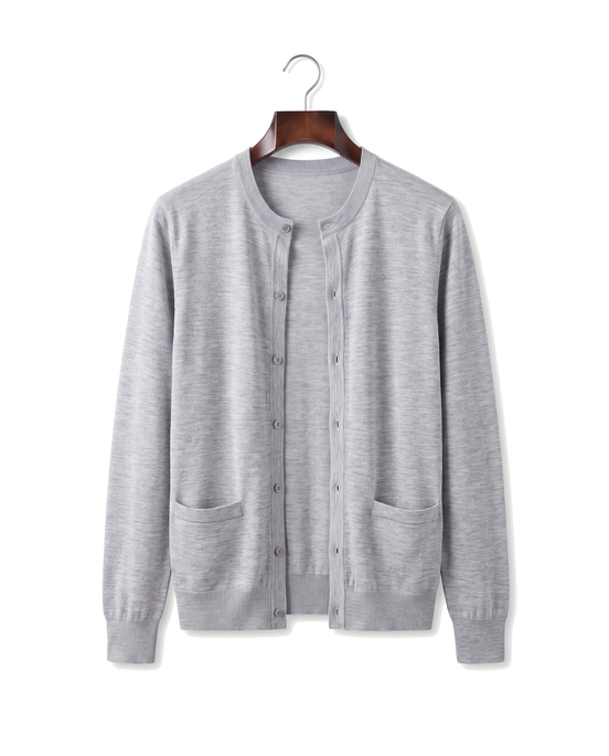The Wendover merino button cardigan, front on hanger