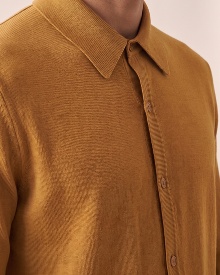 Close-up of the knitted body against the shirt collar on The Fairhaven