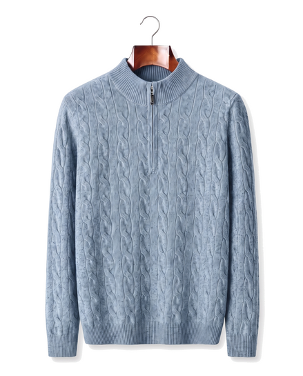 The Ashford — Merino Cable-Knit Half-Zip — Sea Blue