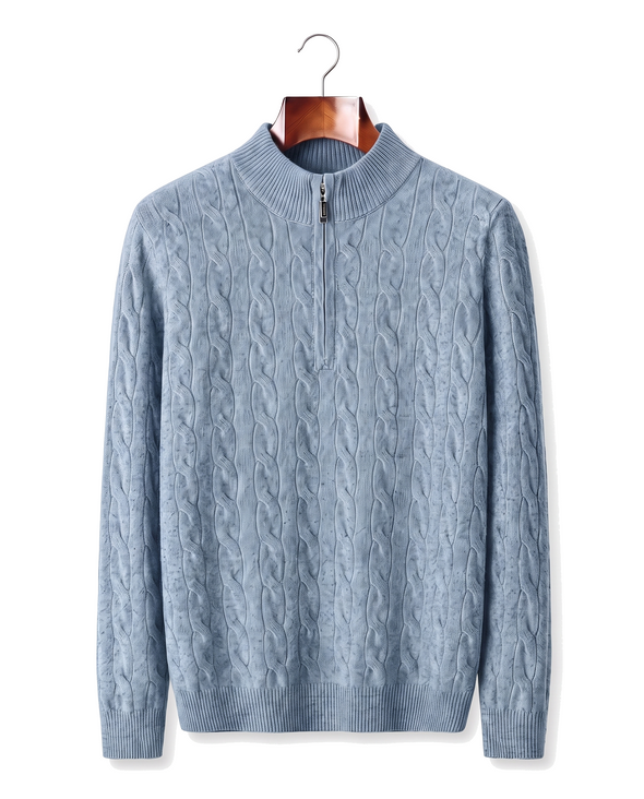 The Ashford — Merino Cable-Knit Half-Zip — Sea Blue