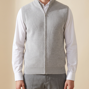 Model wearing The Hartley gilet over a white shirt, front view
