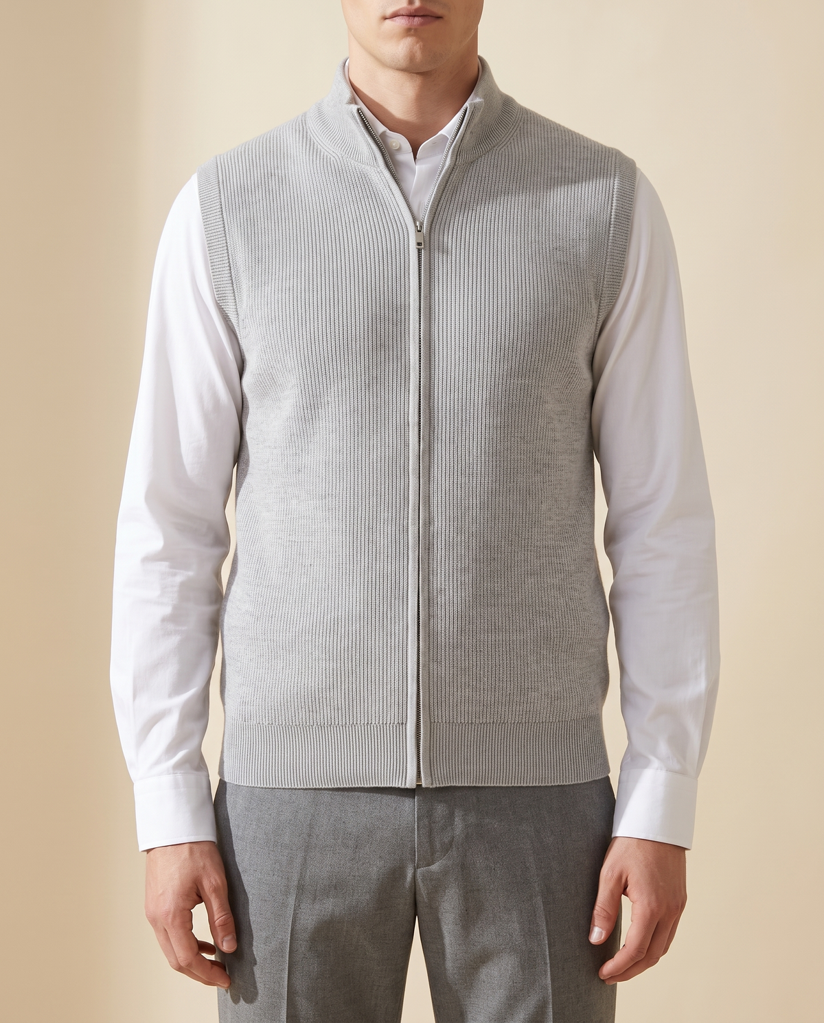 Model wearing The Hartley gilet over a white shirt, front view