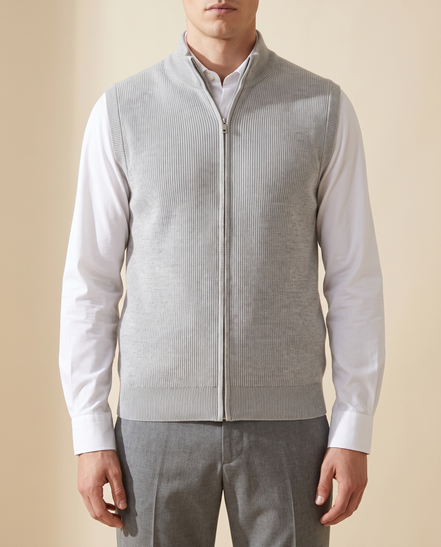 Model wearing The Hartley gilet over a white shirt, front view