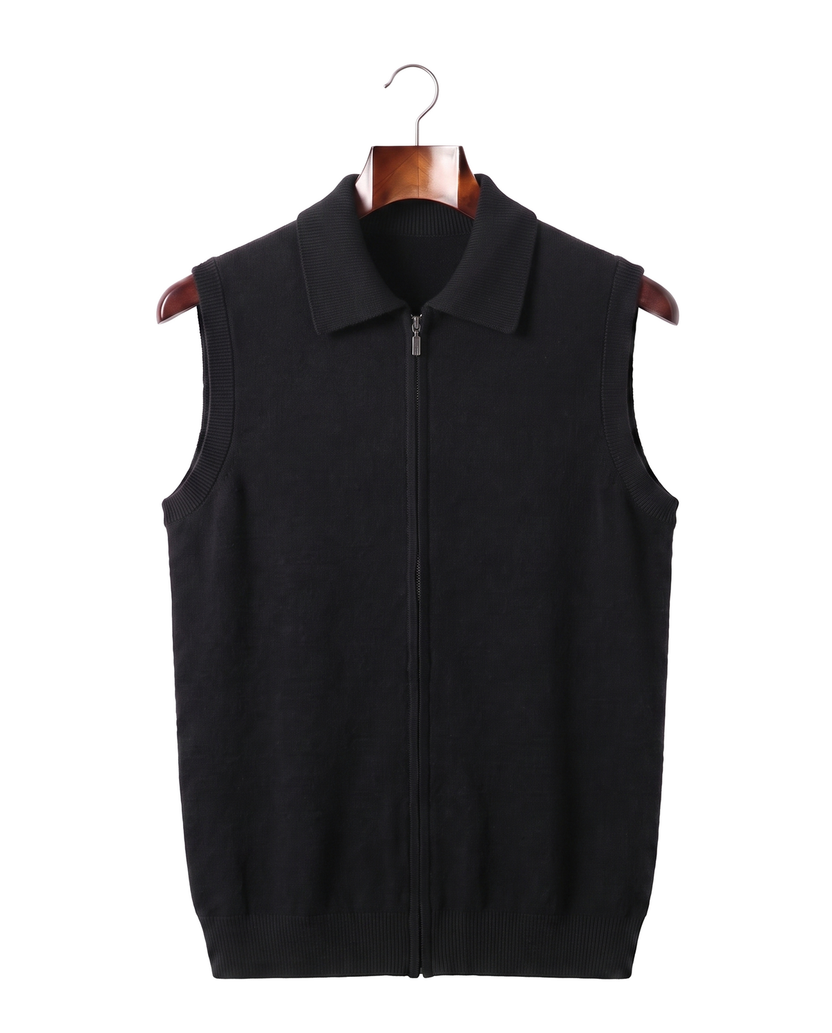 The Windsor cashmere gilet, front view on a mahogany hanger
