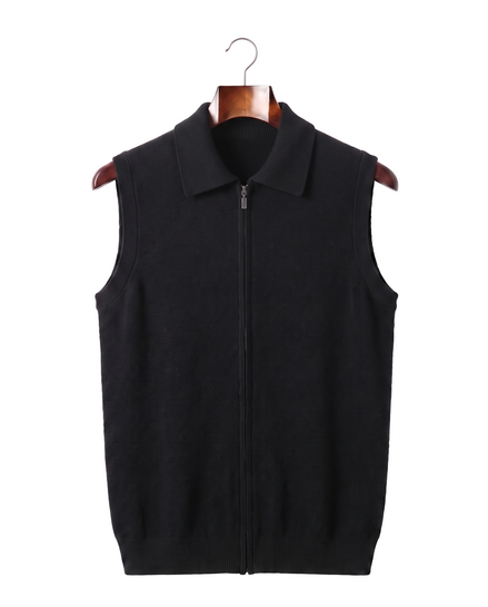 The Windsor cashmere gilet, front view on a mahogany hanger