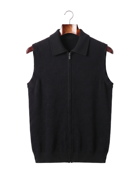 The Windsor cashmere gilet, front view on a mahogany hanger