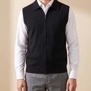 Model wearing The Windsor cashmere gilet over a white shirt, front view