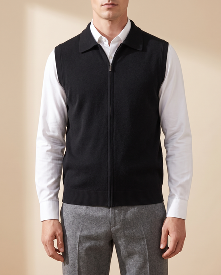 Model wearing The Windsor cashmere gilet over a white shirt, front view