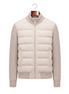 Cream hybrid bomber with quilted body and ribbed knit sleeves, front view on hanger